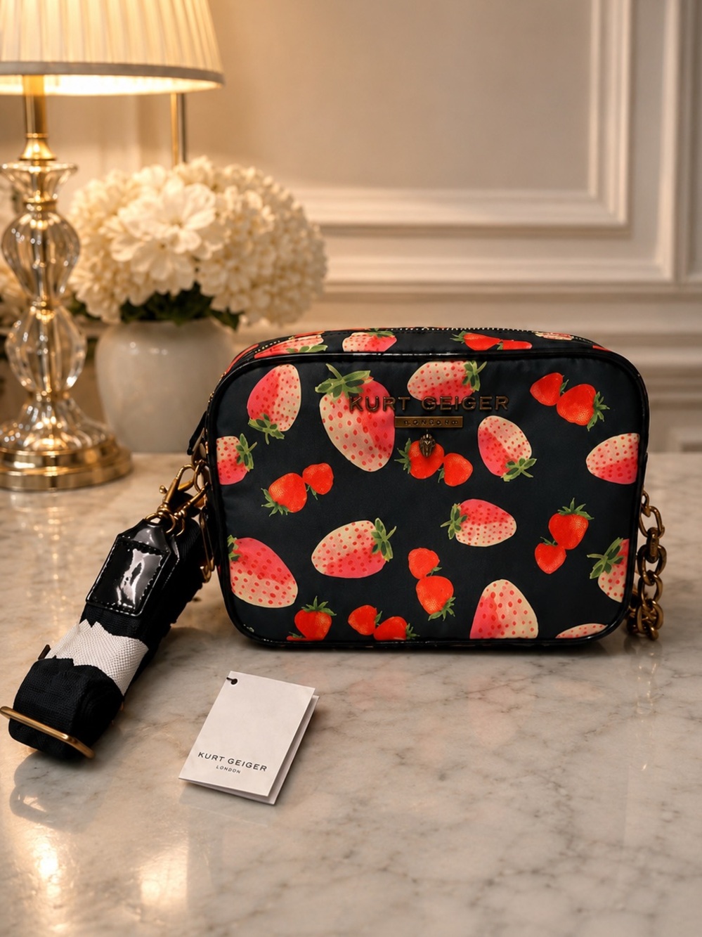 Kurt Geiger Navy Crossbody Bag with Pink and Red Strawberry 🍓 Print